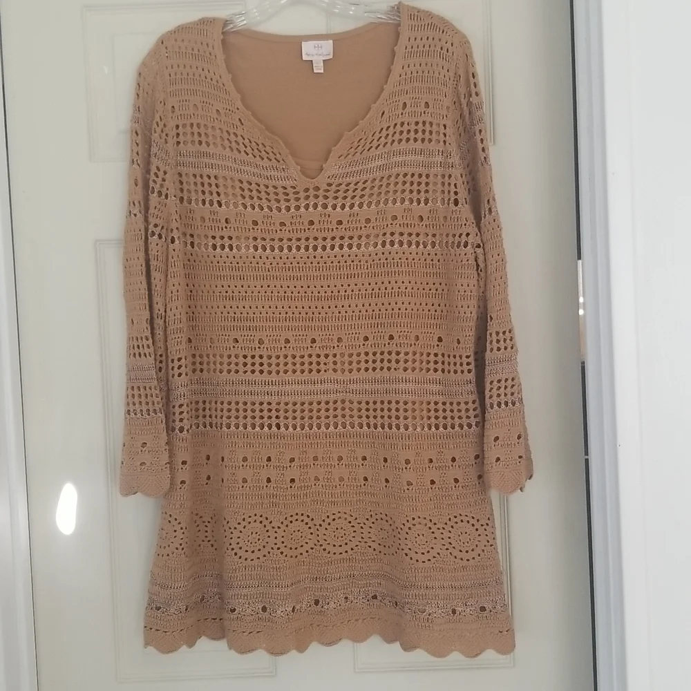 Used Hot in Hollywood Crochet long sleeve mocha color Tunic size L. - Picture 2 of 12